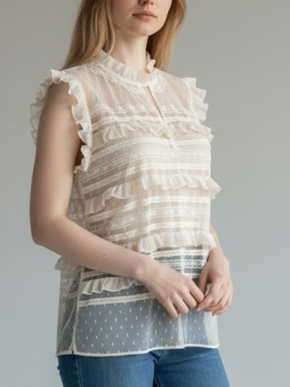 Twinset Milano Cream Lace Ruffle Blouse Sheer Swiss Dot Sleeveless  Top US Small
